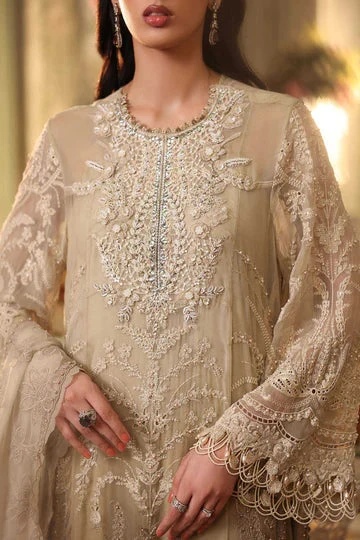 MARIA B Embroidered Chiffon clothing in ivory, coffee tones.